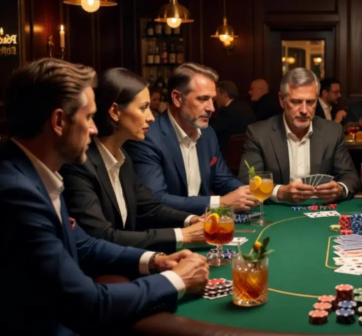 Pókerasztal játék közben, elegáns lounge környezetben